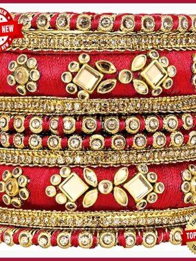 Silk Thread Kundan Bangle Set Bridal Wedding Gift Women 2.6 Inch